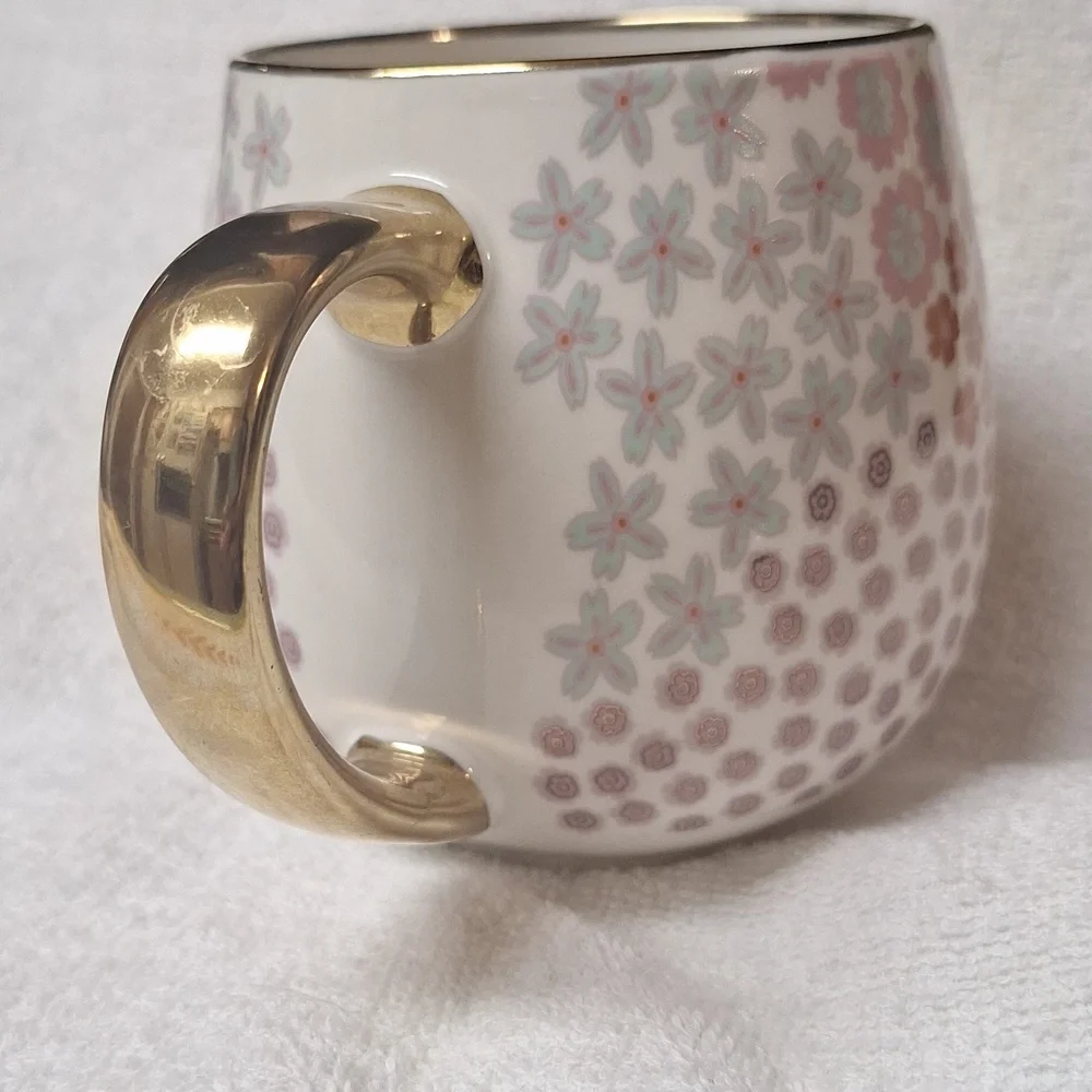 Thyme & Table Floral Coffee Mug Gold Handle Boho Pink‎ Ceramic Tea Cup Cute
